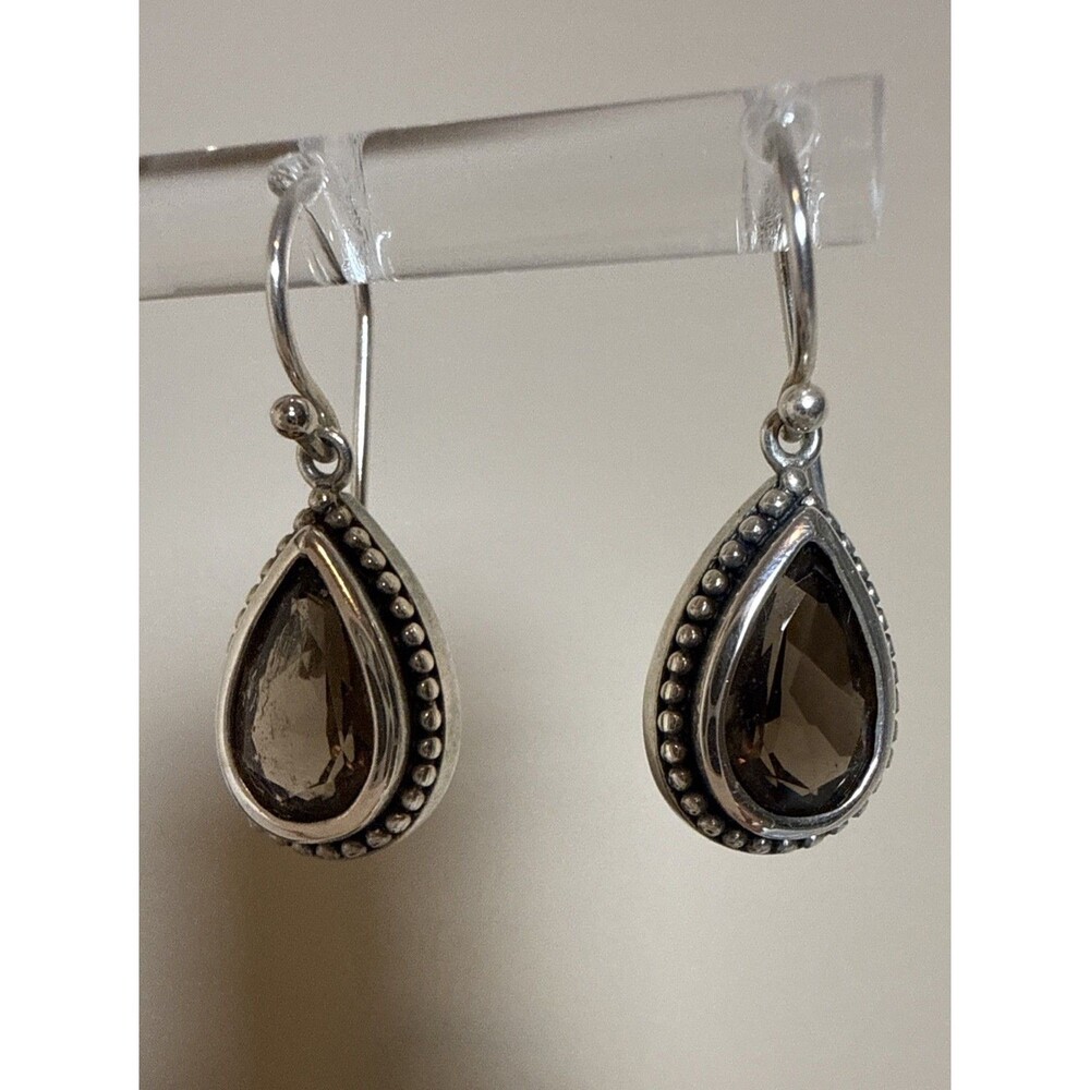 VTG Sterling Silver 925 Pear Shape‎ Smokey Quartz Pierced Drop Dangle Earrings